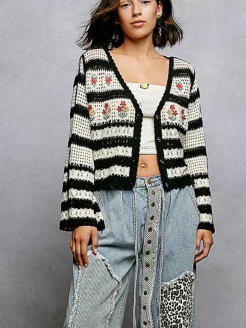 POL Black and Cream Striped Crochet Cardigan with Floral Embroidery - Picture 4 of 5